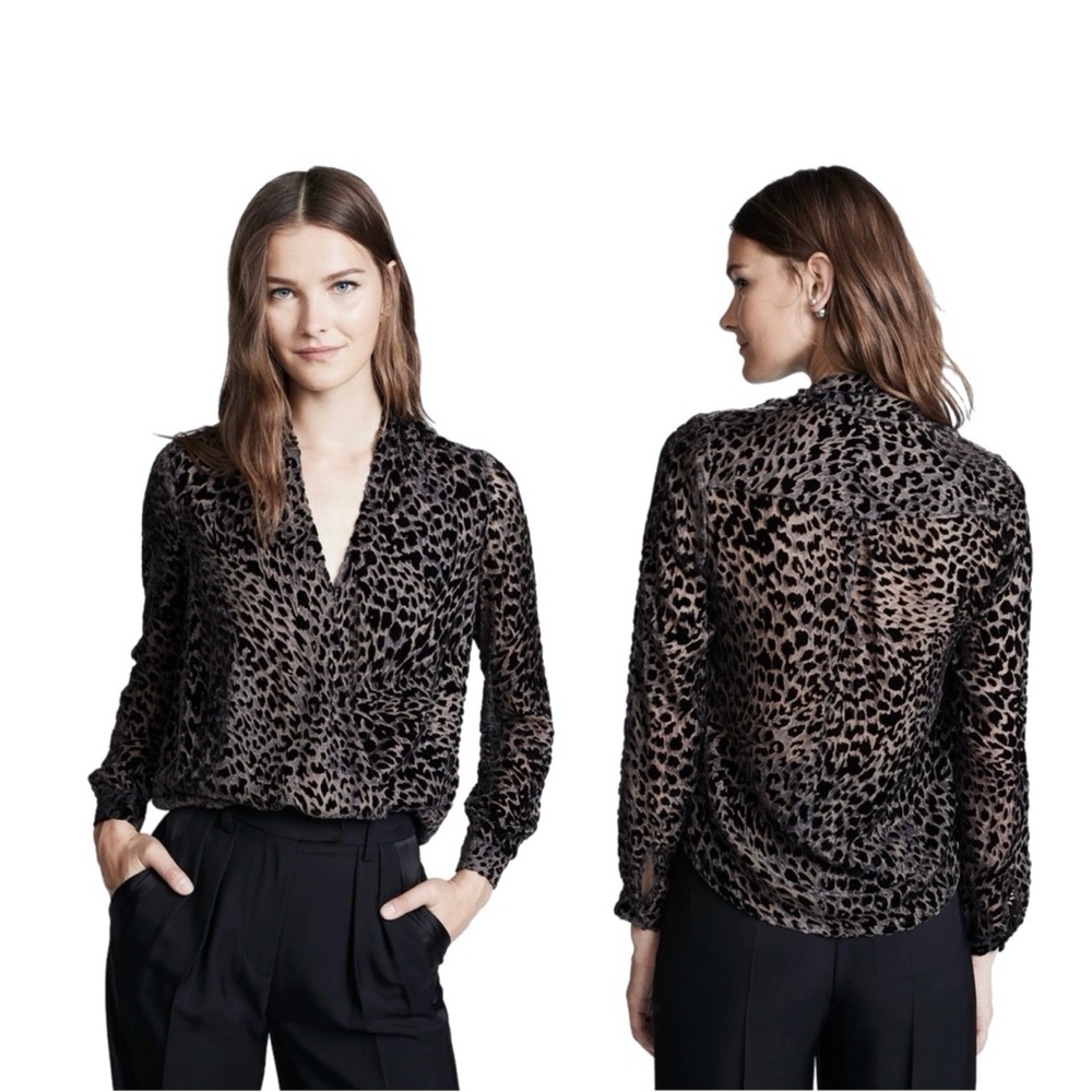L'AGENCE Lydia Velvet Burnout Espresso Drape Front Blouse Leopard Print Size XS